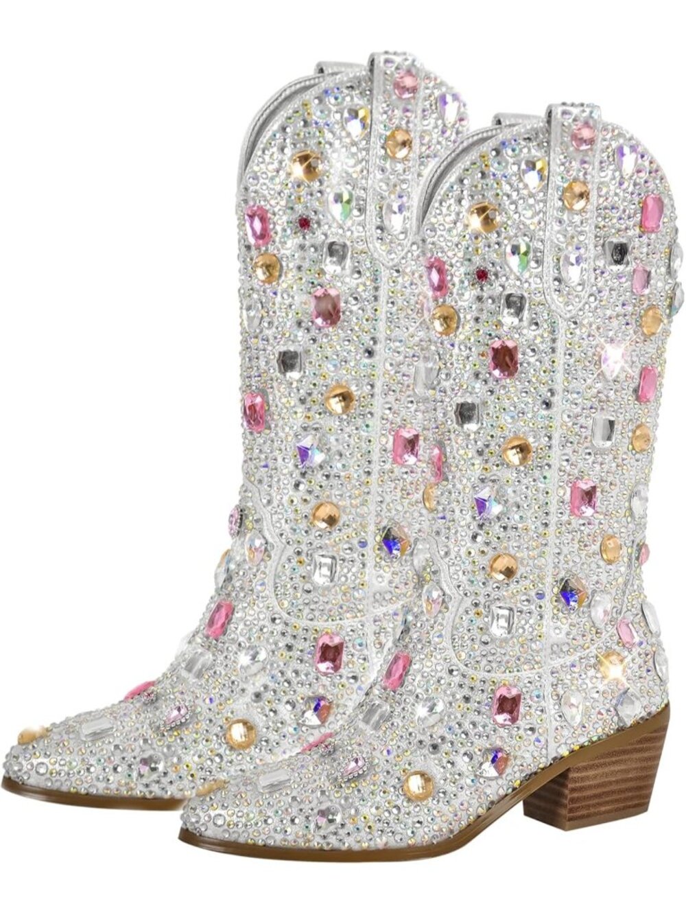 👢Women's Gem Silver Sparkly Rhinestones Cowgirl Style Boots Calf High Boots